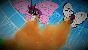 Venomoth And Butterfree Releasing Stun Spore Wallpaper