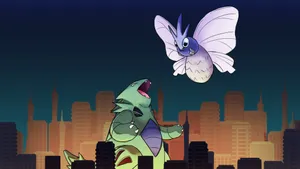 Venomoth And Tyranitar Battling In The City Wallpaper