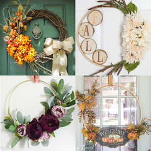 Vibrant Fall Wreath On Rustic Wooden Door Wallpaper