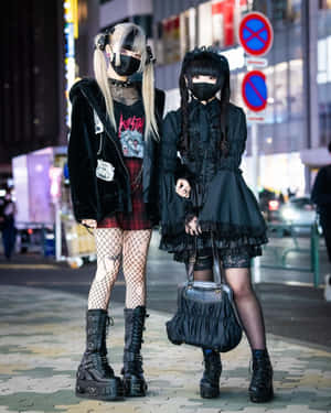 Vibrant Harajuku Fashionistas Showcasing Bold Street Style Wallpaper