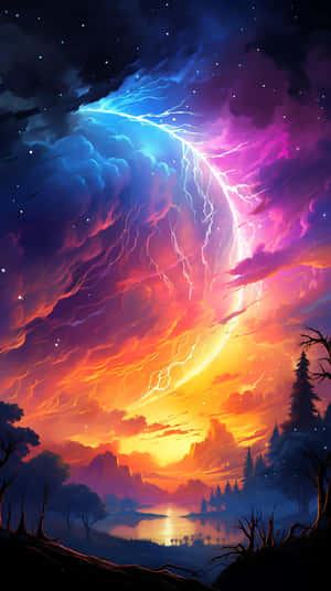 Vibrant Lightning Storm Over Lake Wallpaper