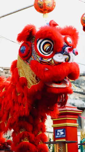 Vibrant Red Lion Dance Costume Wallpaper