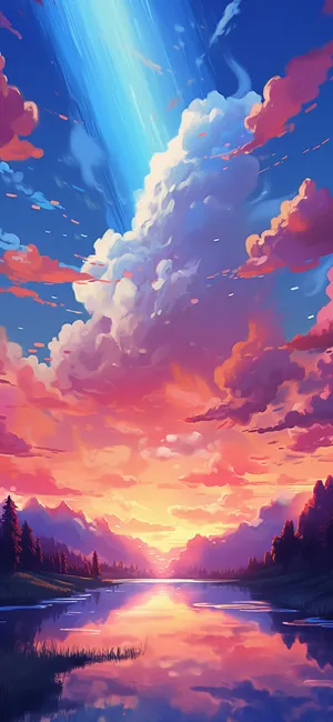 Vibrant Sunset Lake Artwork Wallpaper