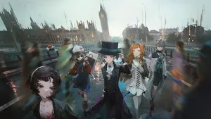 Victorian_ Anime_ Characters_ Bridge_ Scene Wallpaper