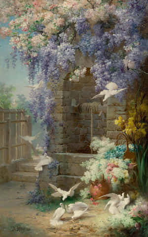 Victorian Garden Doves Painting Wallpaper
