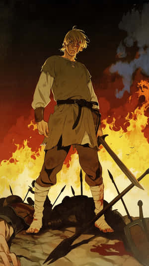 Vinland Saga Warrior Standing Amidst Flames Wallpaper