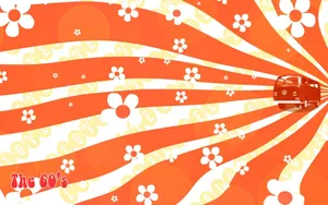 Vintage 60s Orange Flowers And Camper Van Wallpaper