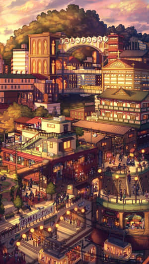 Vintage Anime Multi-level Buildings Wallpaper