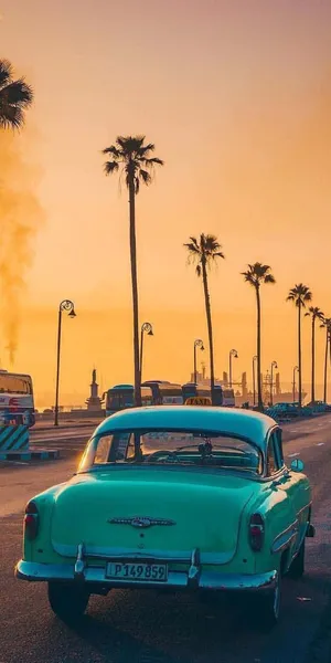 Vintage Beach Sunset With Classic Car Wallpaper