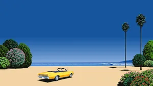 Vintage Beachside Yellow Convertible Artwork Wallpaper