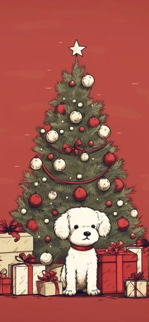 Vintage Christmas Puppyand Tree Wallpaper