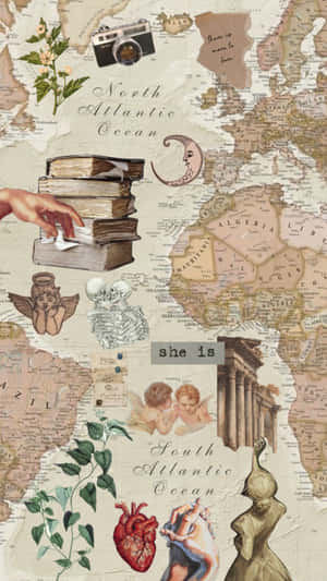 Vintage Collage World Map Aesthetic Wallpaper