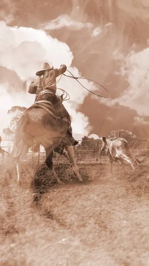 Vintage Cowboy Roping Cattle Wallpaper