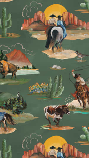 Vintage Cowboy Western Scene Wallpaper