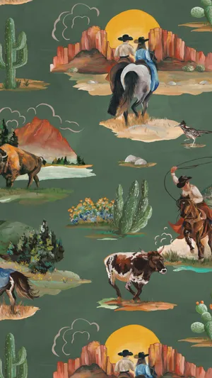 Vintage Cowboy Western Scene Wallpaper
