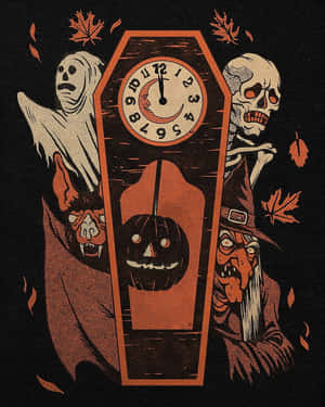 Vintage Halloween Clockand Ghosts Illustration Wallpaper