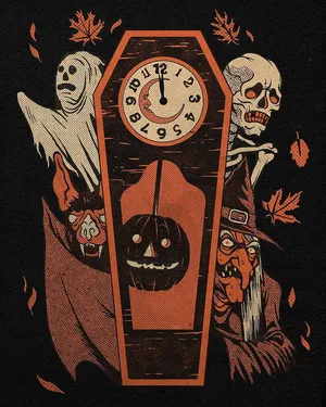 Vintage Halloween Clockand Ghosts Illustration Wallpaper