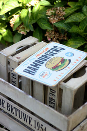 Vintage Hamburger Sign Wooden Crate Backdrop Wallpaper