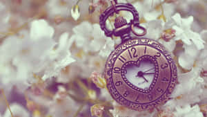 Vintage Heart Pocket Watch Floral Backdrop Wallpaper