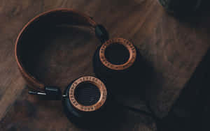 Vintage Leather Headphones Dark Wooden Background Wallpaper