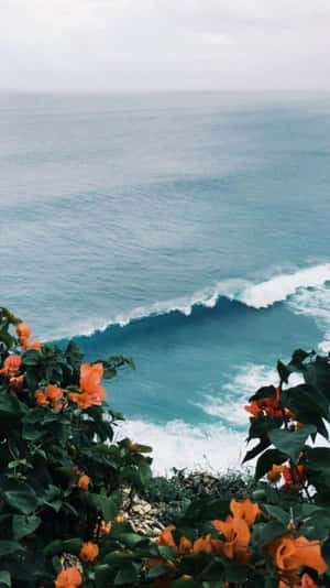 Vintage_ Ocean_ View_with_ Orange_ Flowers Wallpaper