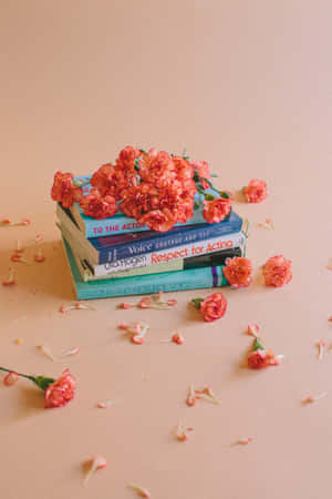 Vintage Peach Booksand Flowers Wallpaper