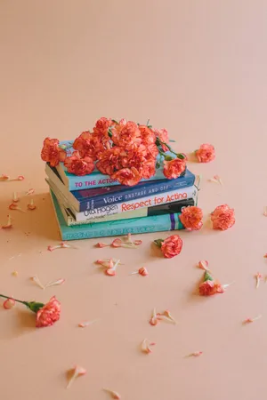 Vintage Peach Booksand Flowers Wallpaper