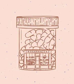 Vintage Peach Pharmacy Illustration Wallpaper