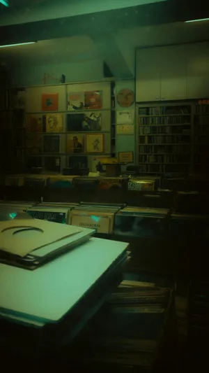 Vintage Record Shop Dark Green Aesthetic Wallpaper