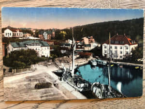Vintage Sodertalje Harbor Postcard Wallpaper