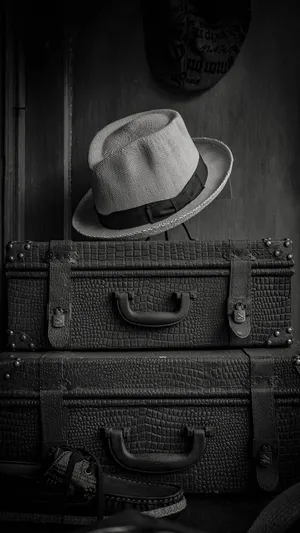 Vintage Suitcaseand Hat Blackand White Wallpaper