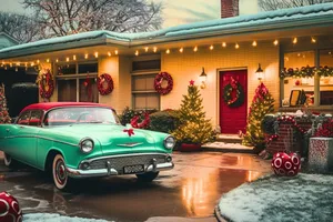 Vintage50s Christmas Scenewith Classic Car Wallpaper
