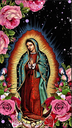 Virgende Guadalupewith Roses Wallpaper