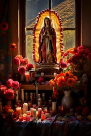 Virginof Guadalupe Altarwith Candlesand Flowers Wallpaper