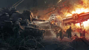 W W2_ Battle_ Scene_with_ Tank_and_ Aircraft Wallpaper