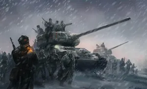 W W2 Tanksand Infantryin Snowstorm Wallpaper