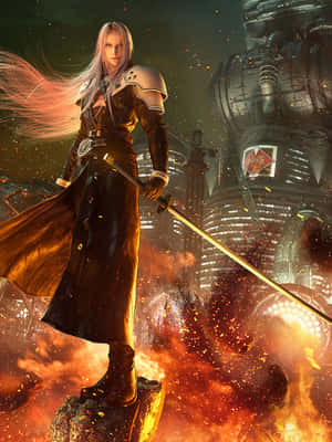 Warrior_ Amidst_ Flames_and_ Futuristic_ Cityscape Wallpaper