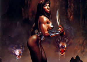 Warrior_ Woman_with_ Wolves_ Fantasy_ Art Wallpaper