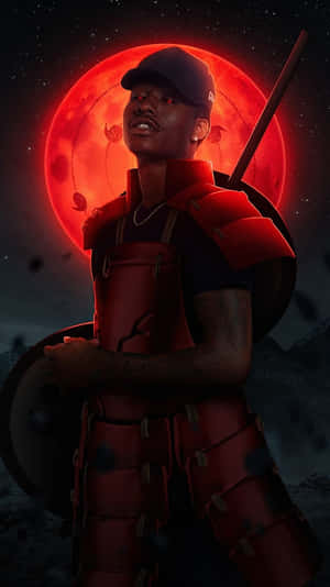 Warriorin Red Armor Under Red Moon Wallpaper