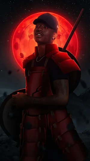 Warriorin Red Armor Under Red Moon Wallpaper