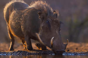 Warthog Drinkingat Dusk Wallpaper