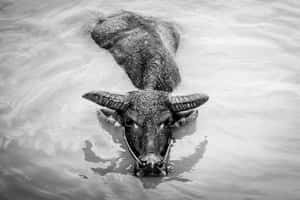 Water Buffalo Swimming Monochrome Wallpaper