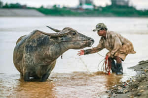 Water Buffaloand Farmer Riverside Wallpaper