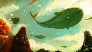 Whales In Sky Painting Desktop Wallpaper