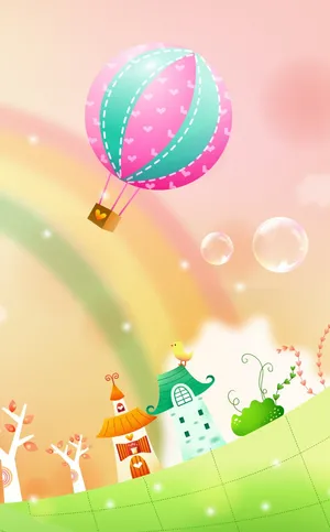 Whimsical Balloon Over Fantasy Landscape Wallpaper