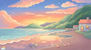Whimsical Sunset Beach With Sleeping Turtle Wallpaper