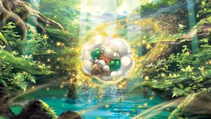 Whimsicott Shining Over Forest Pond Wallpaper