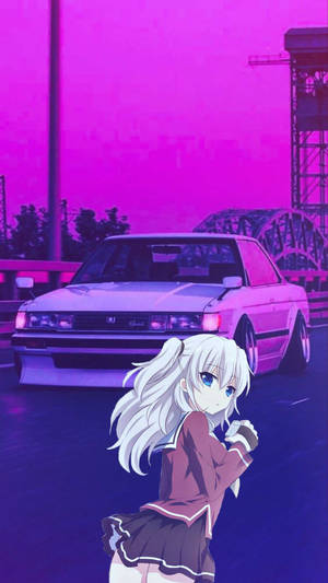 White Anime Girl With Jdm Car Wallpaper