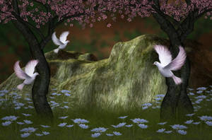 White Doves Sakura Trees Wallpaper