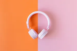 White Headphones Pink Orange Background Wallpaper